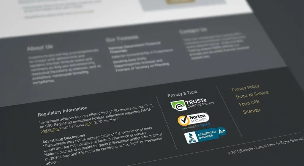 Verifying disclaimers and regulatory license details in the footer of a financial website.
