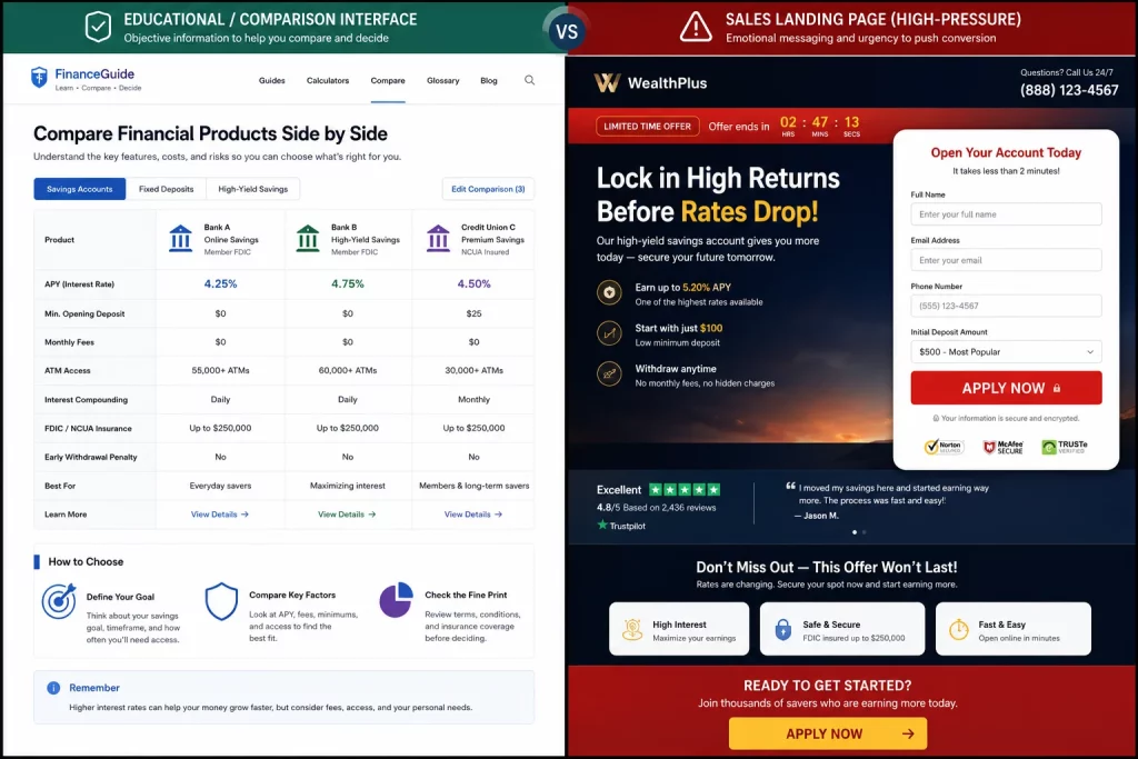 Comparing user interfaces between an independent financial information website and a direct financial product sales website.